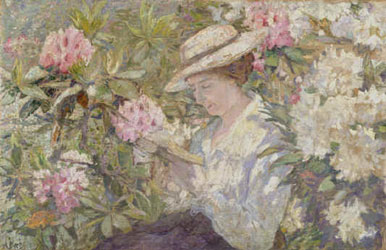 peinture-impressionnisme-anna-boch woman reading in a clump of rhododendrons